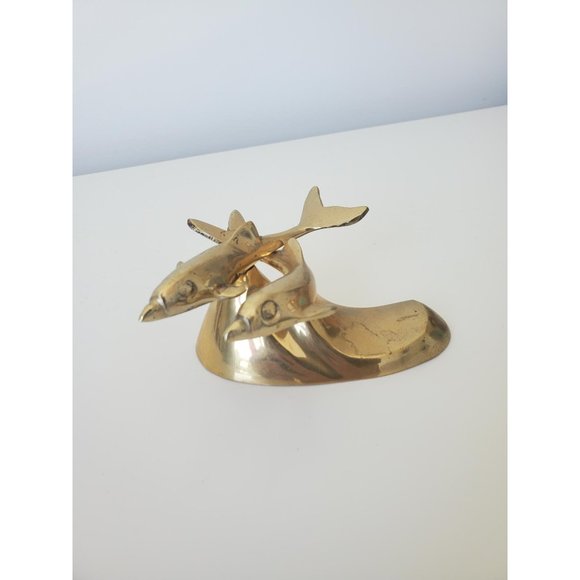 Vintage Brass Dolphin Statue Pair Duo Swimming Dolphins Coastal Decor - Picture 3 of 4